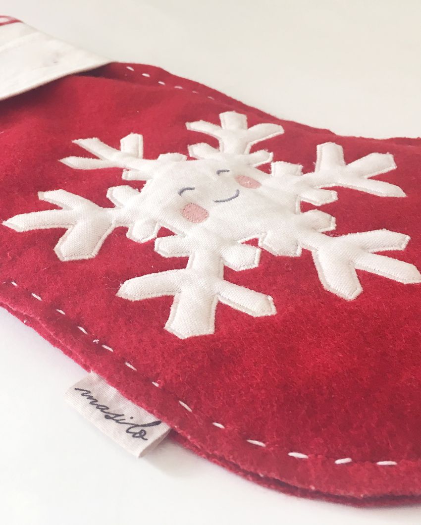 Happy Snowflake Woolen Red Christmas Stocking | 17 x 10 inches