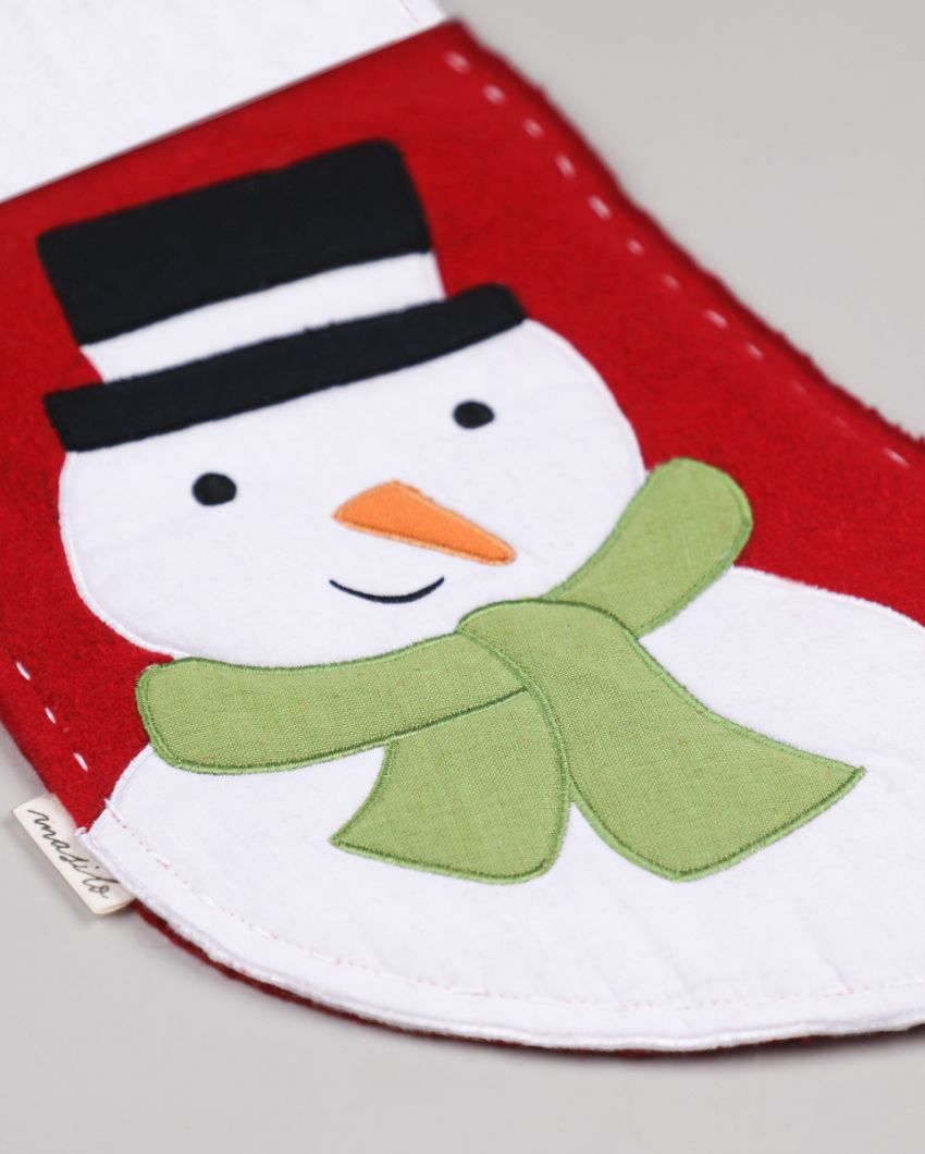 Top Hat Snowman Woolen Red Christmas Stocking | 17 x 10 inches