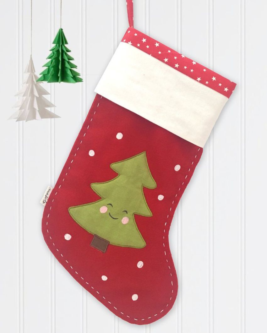 Cheeky Tree Woolen Red Christmas Stocking | 17 x 10 inches