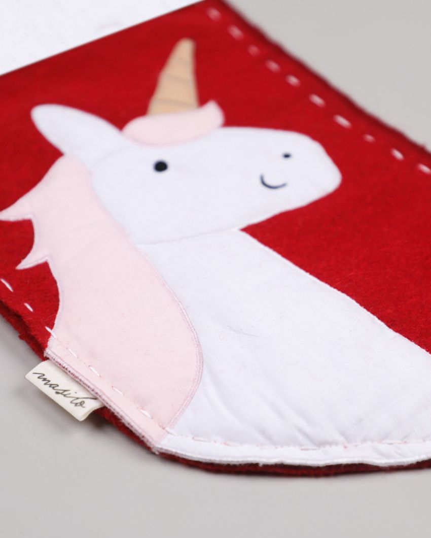 Unicorn Woolen Red Christmas Stocking | 17 x 10 inches