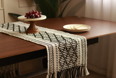 Handwoven Black & White Cotton Table Runner | 72 x 12 inches