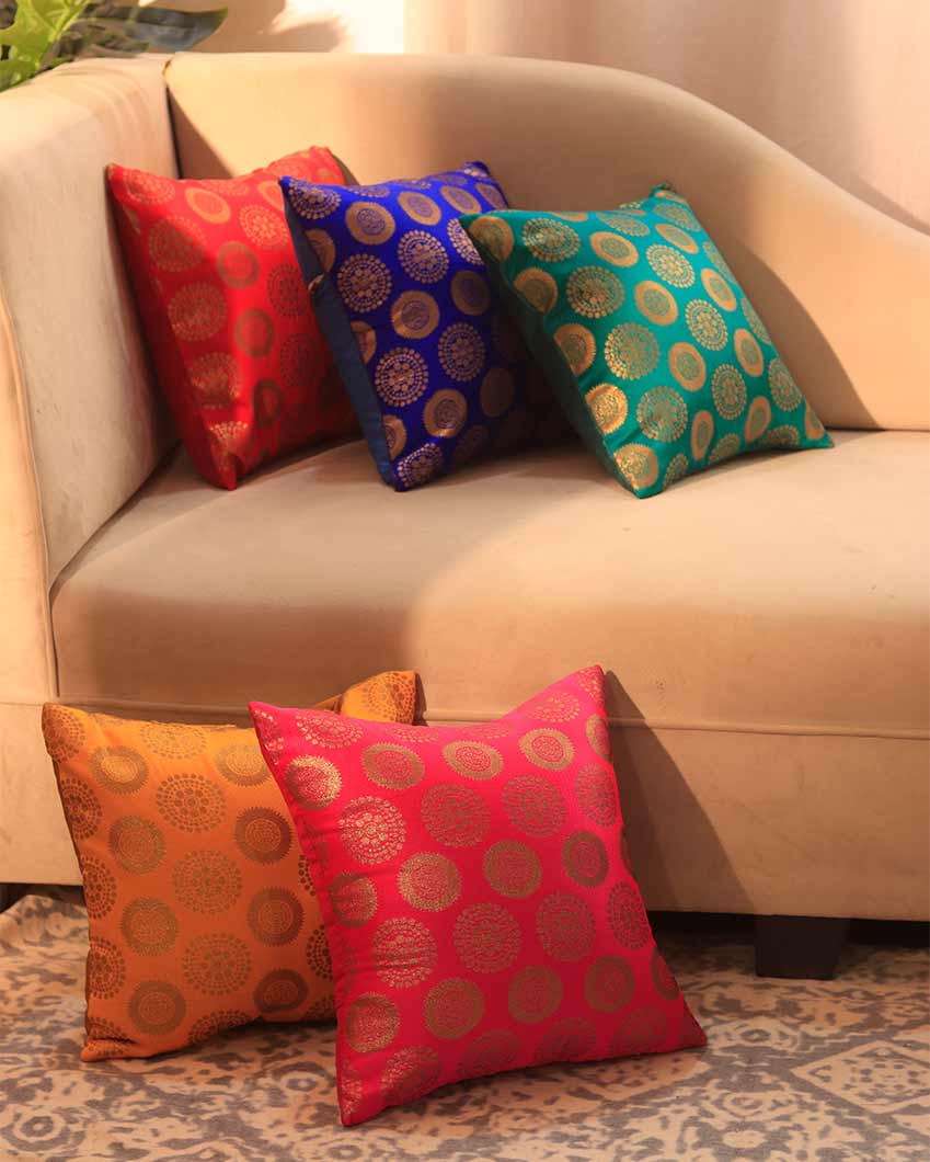 Brocade Circle Pattern Cushion Covers | Set of 5 | 16 x 16 Inches