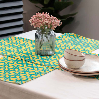 Yellow Blue Cotton Table Runner Set of 3