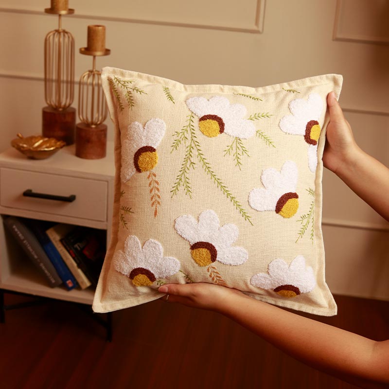 White Daisy Cotton Cushion Covers | Set of 2 | 16 x 16 Inches - Dusaan