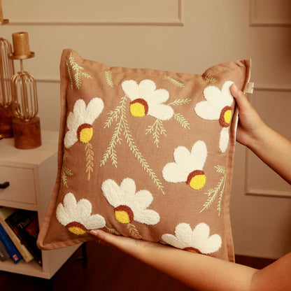 Brown Daisy Cotton Cushion Covers | Set of 2 | 16 x 16 Inches - Dusaan