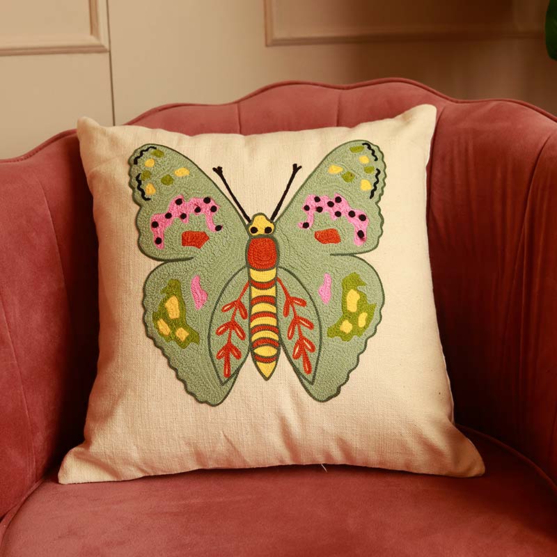 Butterfly Cotton Cushion Covers | Set of 2 | 16 x 16 Inches