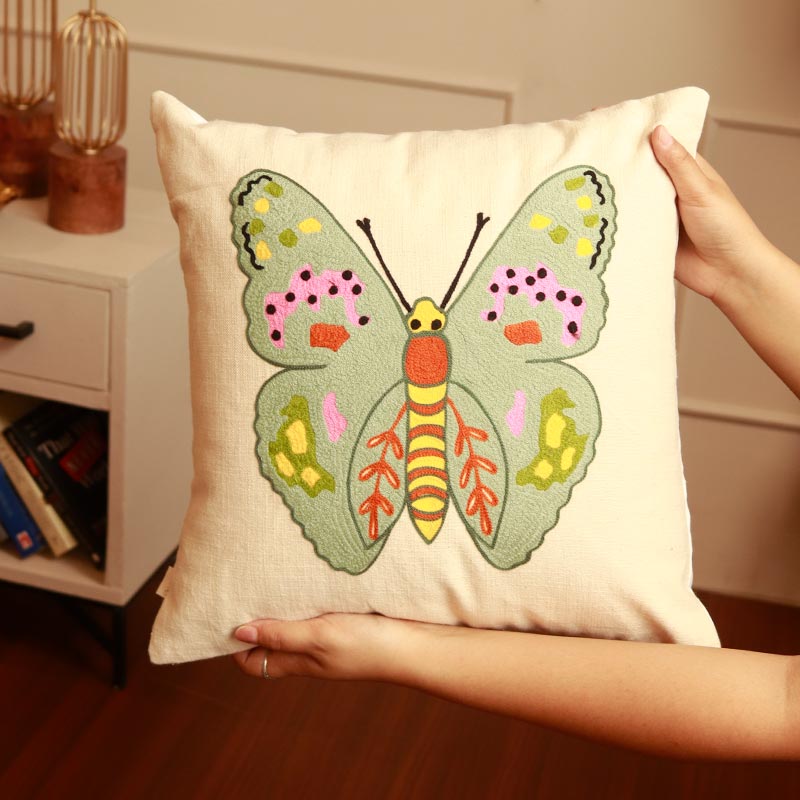 Butterfly & Flower Cotton Cushion Covers | Set of 2 | 16 x 16 Inches - Dusaan