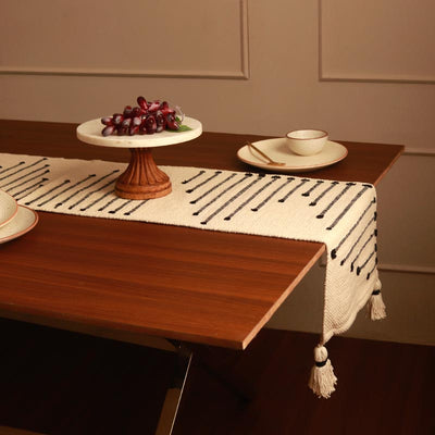Beige Textured Cotton Table Runner with Black Embroidered Stripes | 72 x 12 inches