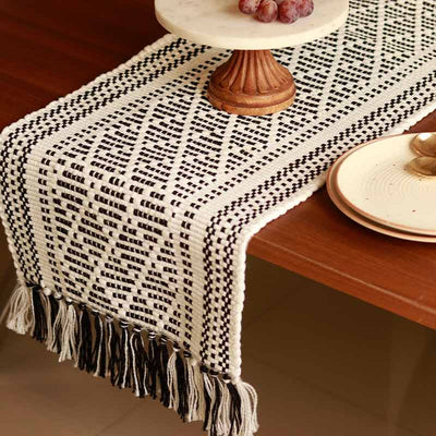 Handwoven Black & White Diamond Pattern Table Runner with Tassels | 72 x 12 inches