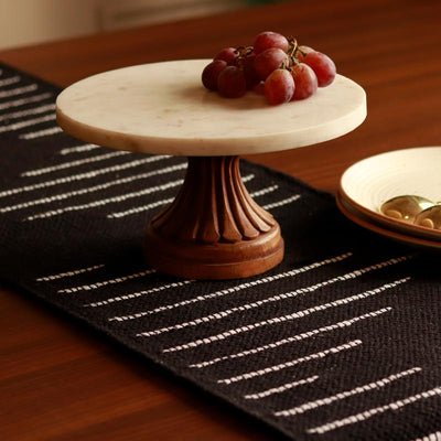 Black Handwoven Cotton Table Runner with White Detailing & Tassels | 72 x 12 inches