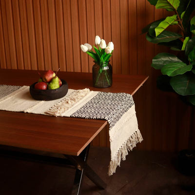 Boho-Inspired Beige & Black Patchwork Table Runner with Tassels | 72 x 12 inches