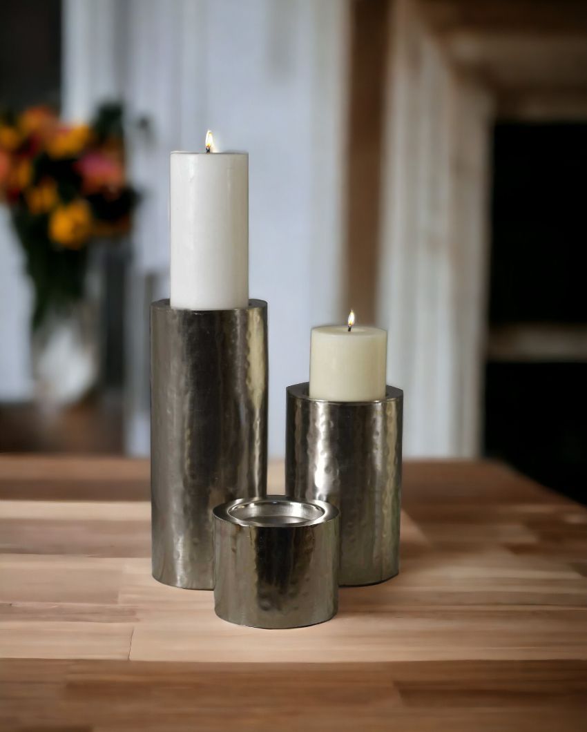 Glossy Iron Pillar Candle Holder | Set Of 3 | 4.4 x 11 inches