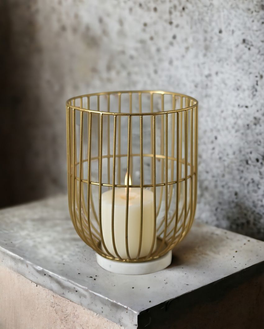 Wire Basket Pillar Candle Holder On Marble Base | 9 Inches