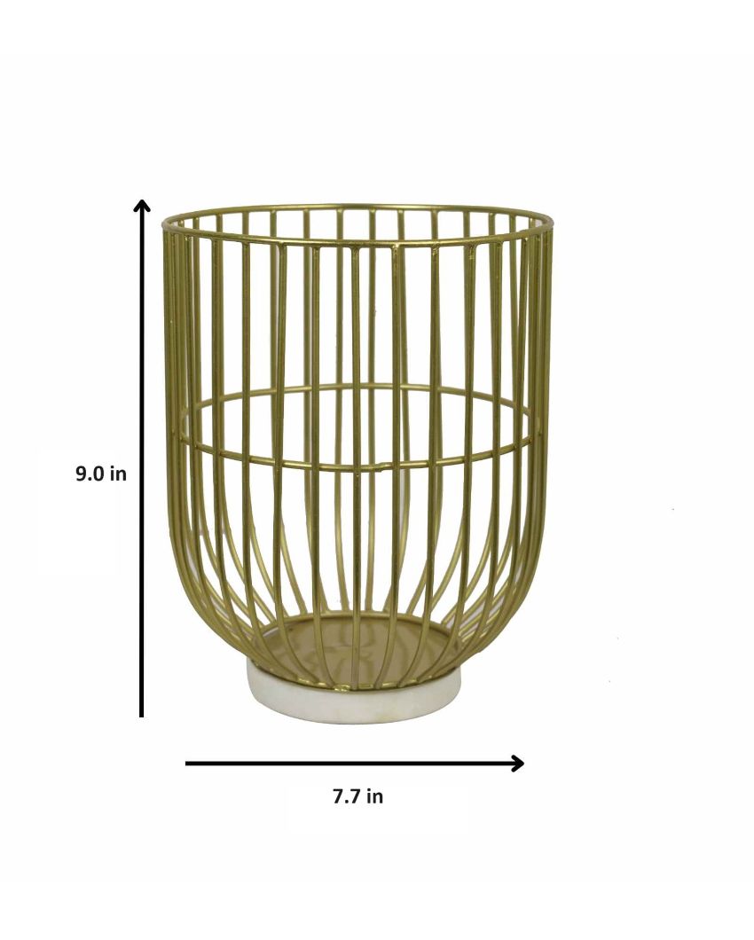 Wire Basket Pillar Candle Holder On Marble Base | 9 Inches