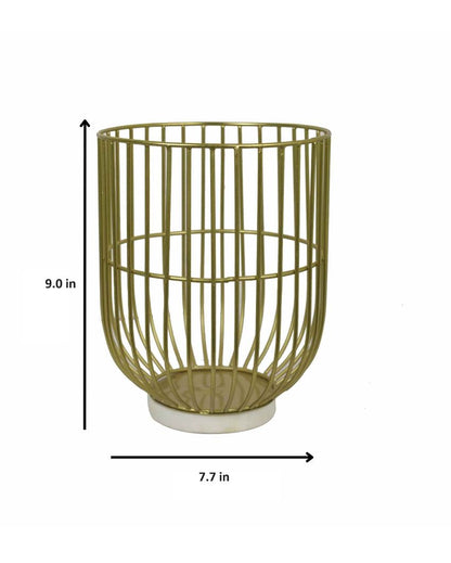 Wire Basket Pillar Candle Holder On Marble Base | 9 Inches