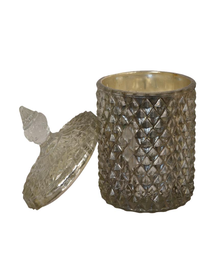 Roshni Diyamond Shaped Glass Shiny Silver Finish Candle Holder | 3 x 6 inches