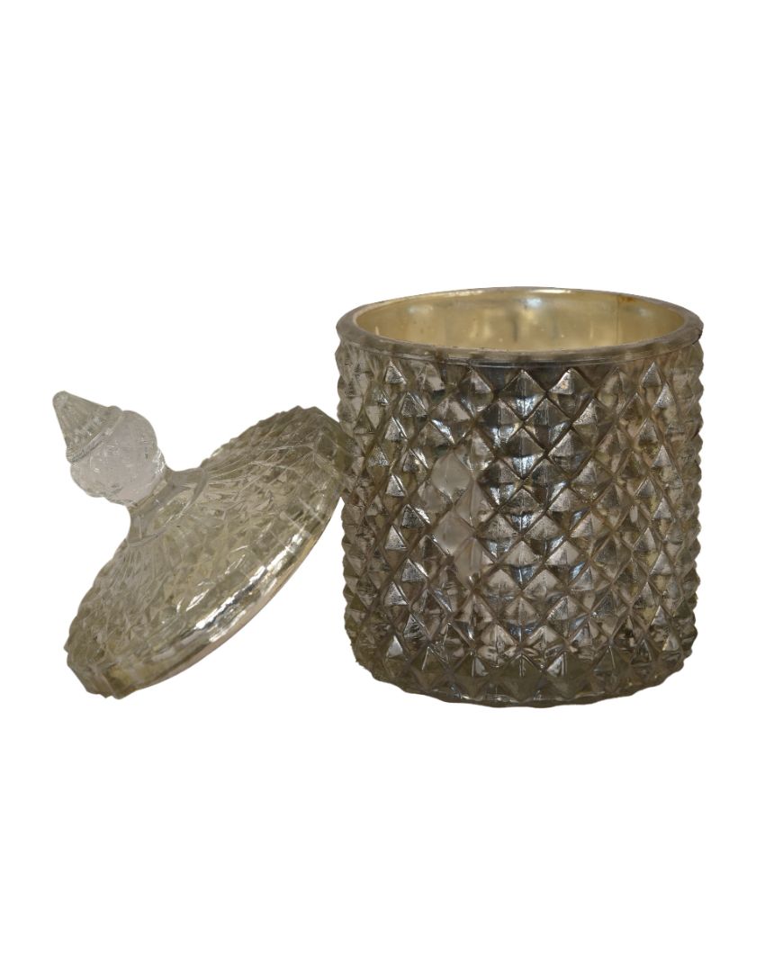 Roshni Diyamond Shaped Glass Shiny Silver Finish Candle Holder | 3 x 6 inches