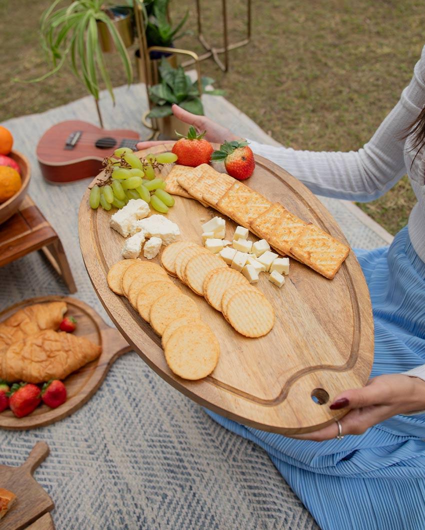 Aachman Wooden Oval Grooved Platter Cheese Board | 17.5 Inches