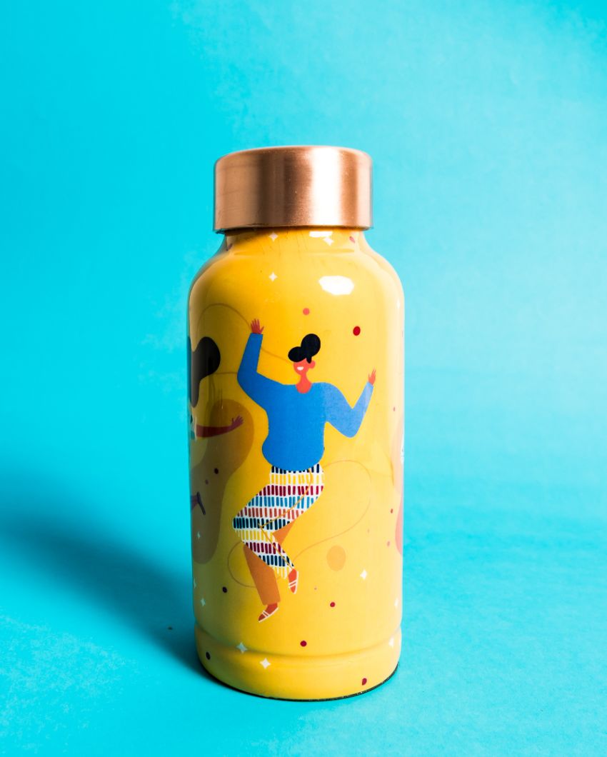 Udaan Yellow Printed Copper Bottle | 500ml | 3 x 7 inches