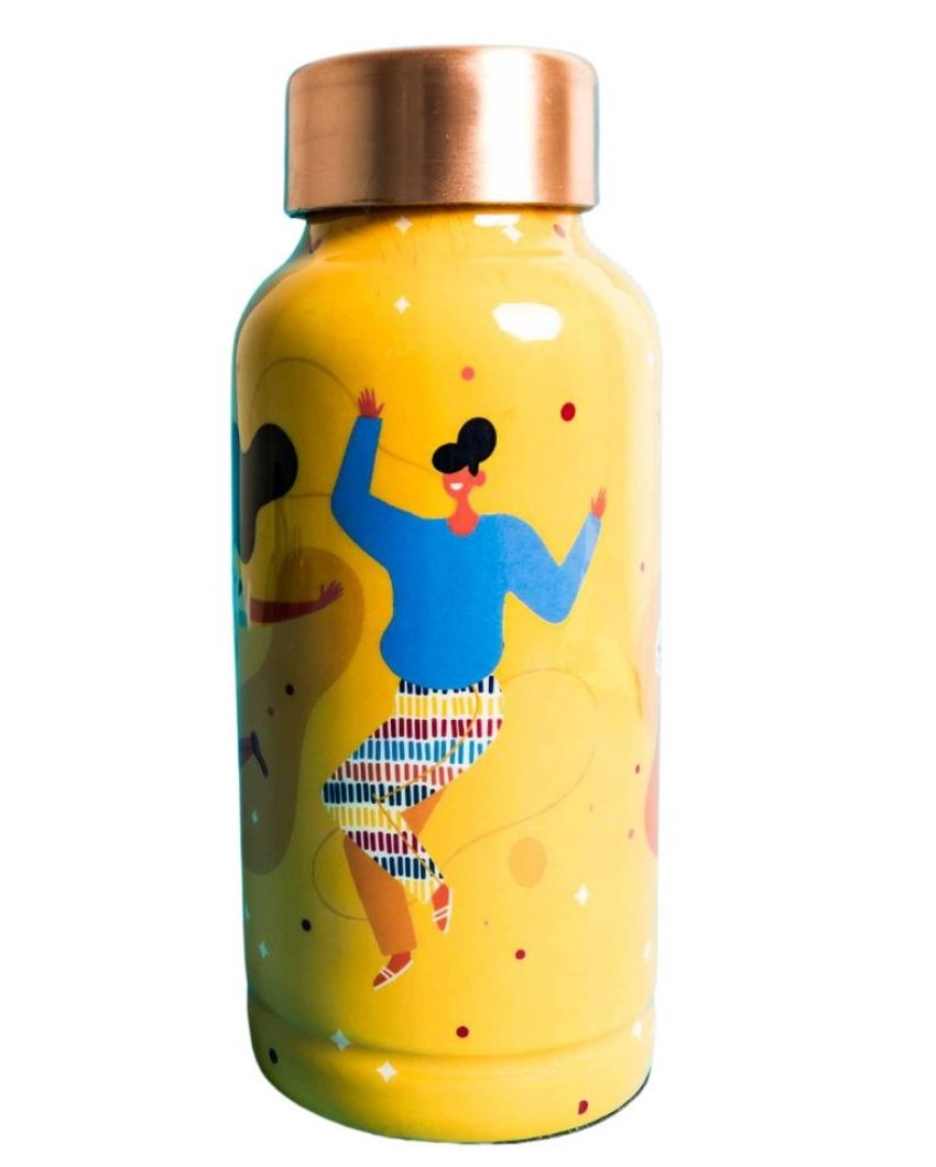 Udaan Yellow Printed Copper Bottle | 500ml | 3 x 7 inches