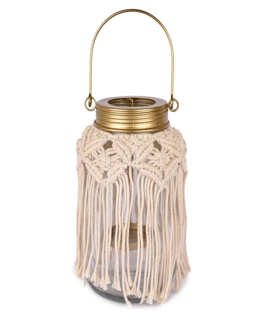 Macrame Glass Jar Candle Lantern with Gold Handle | 7 x 9 inches