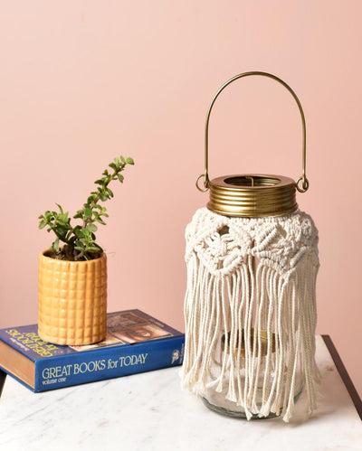 Macrame Glass Jar Candle Lantern with Gold Handle | 7 x 9 inches