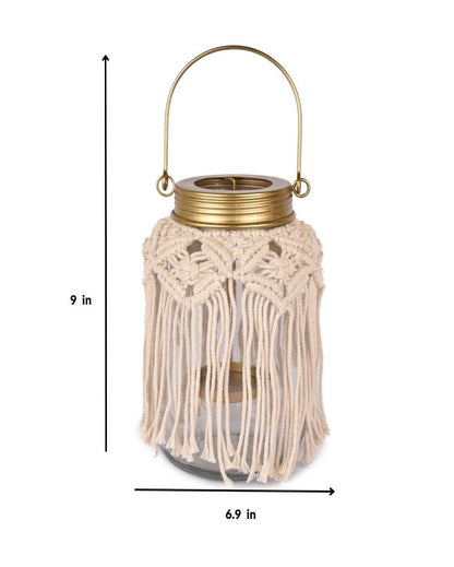 Macrame Glass Jar Candle Lantern with Gold Handle | 7 x 9 inches