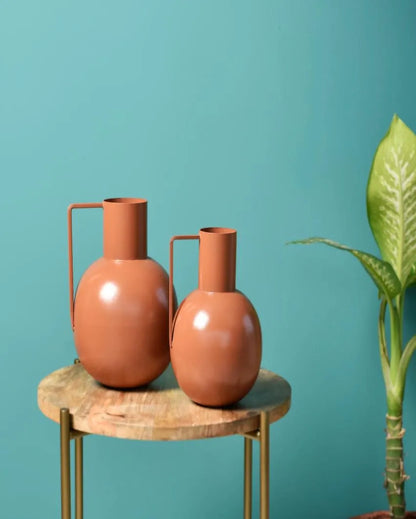 Brown Surahi Shaped Metal Vases | Set Of 2