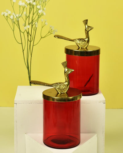 Peacock Gold Finish Red Glass Jars | Set Of 2 | 550 ml