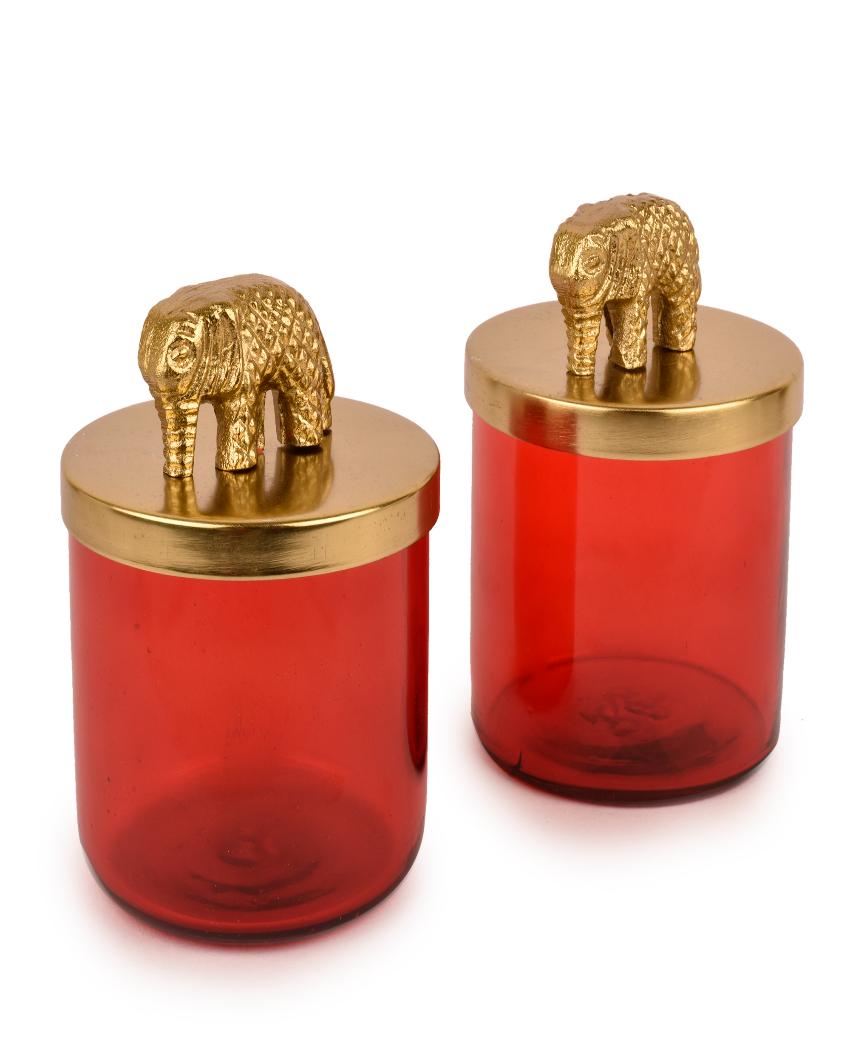 Premium Elephant Gold Finish Red Glass Jars | Set Of 2 | 550 ml