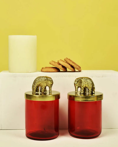 Premium Elephant Gold Finish Red Glass Jars | Set Of 2 | 550 ml