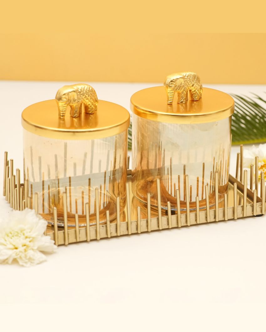 Elephant Gold Finish Lustre Glass Jars With Shakh Tray