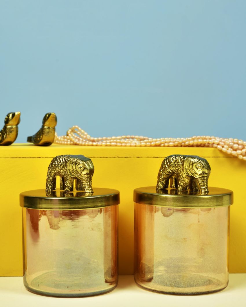 Elephant Gold Finish Lustre Glass Jars With Shakh Tray