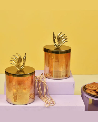 Swan Gold Finish Lustre Glass Jars | Set Of 2 | 4 x 7 inches