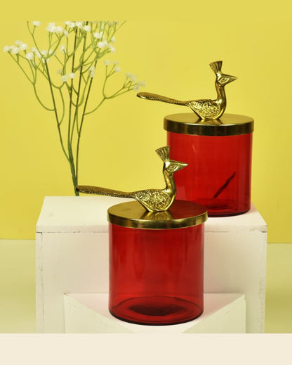 Peacock Gold Finish Red Glass Jars With Shakh Tray