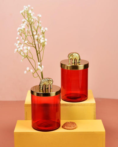 Classy Elephant Gold Finish Red Glass Jars | Set Of 2 | 550 ml