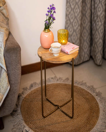 Antique Brass Iron Table with Wooden Top | 20 inches