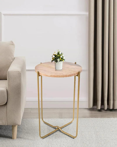 Antique Brass Iron Table with Wooden Top | 20 inches