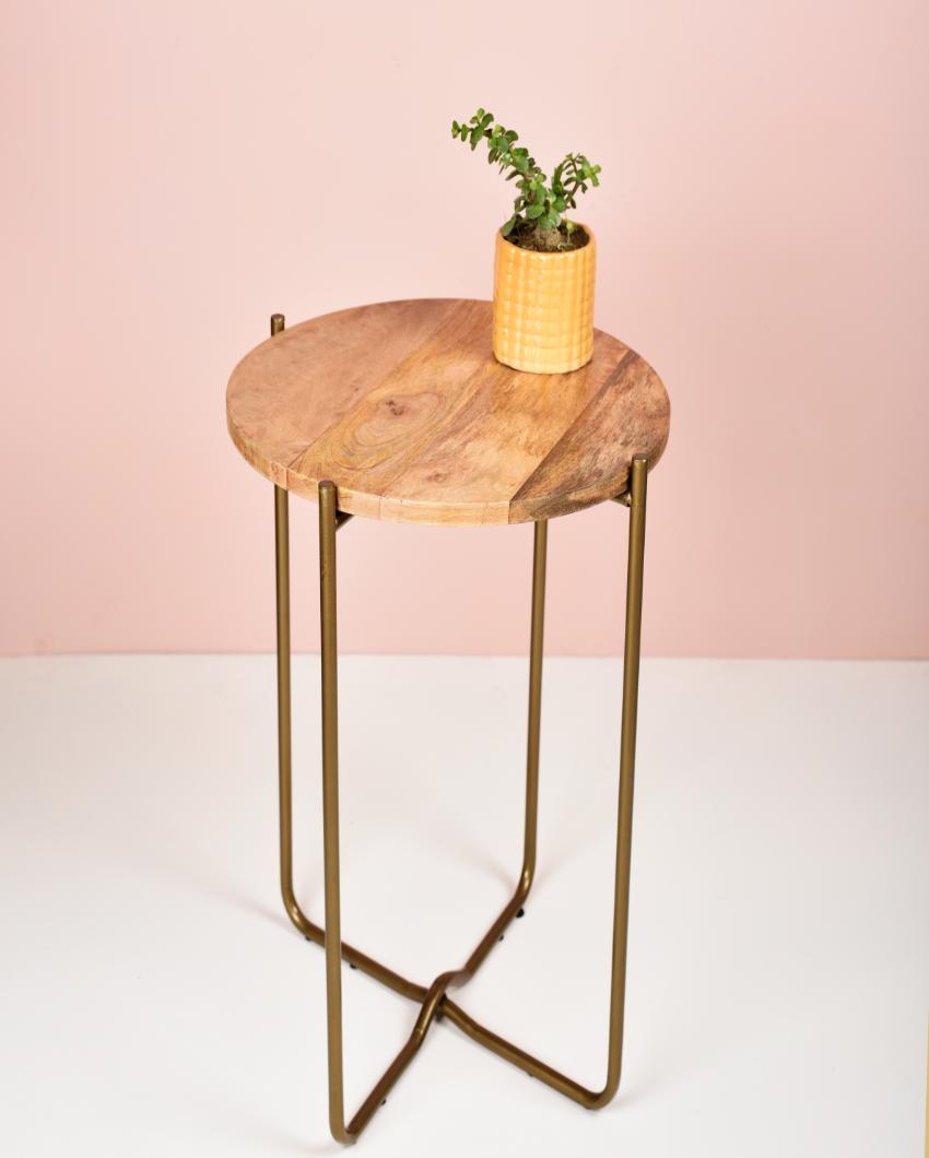 Antique Brass Iron Table with Wooden Top | 20 inches