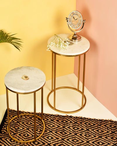 Round Accent Table With Marble Top | Set Of 2