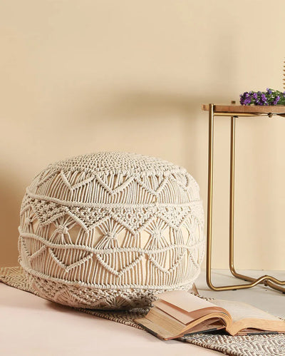 Hero Macrame White Ottomon Cotton Pouf | 17 x 16 inches