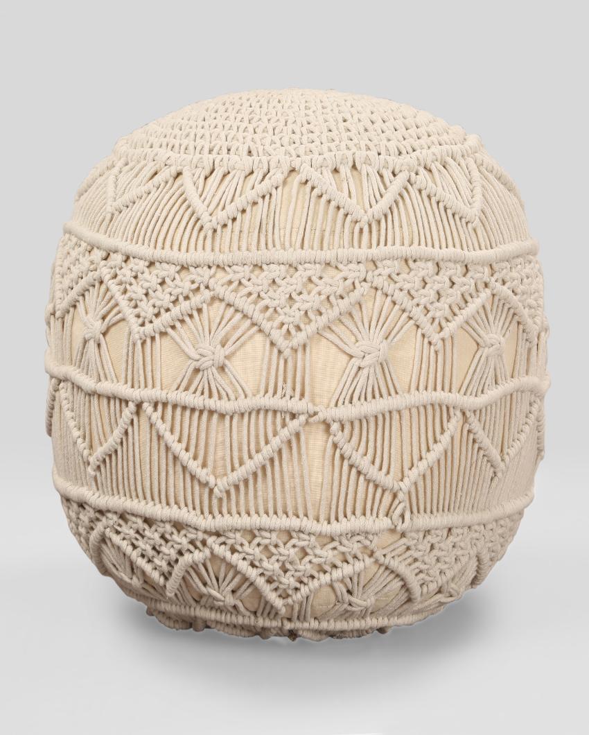 Hero Macrame White Ottomon Cotton Pouf | 17 x 16 inches