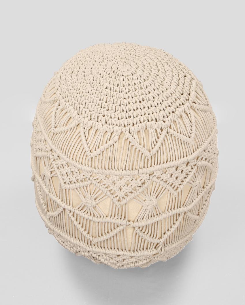 Hero Macrame White Ottomon Cotton Pouf | 17 x 16 inches