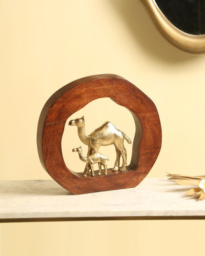 Camels Metal Sculpture On Wooden Stand Decor | 11 x 2 x 10 inches