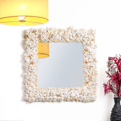 Timeless White Shell Decorative Square Wall Mirror | 27 inches