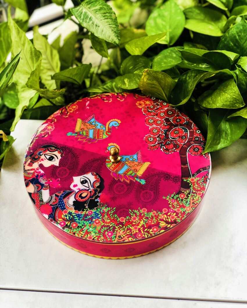 Traditional Art Printed Wooden Round Tray with Lid | 9 x 2 inches