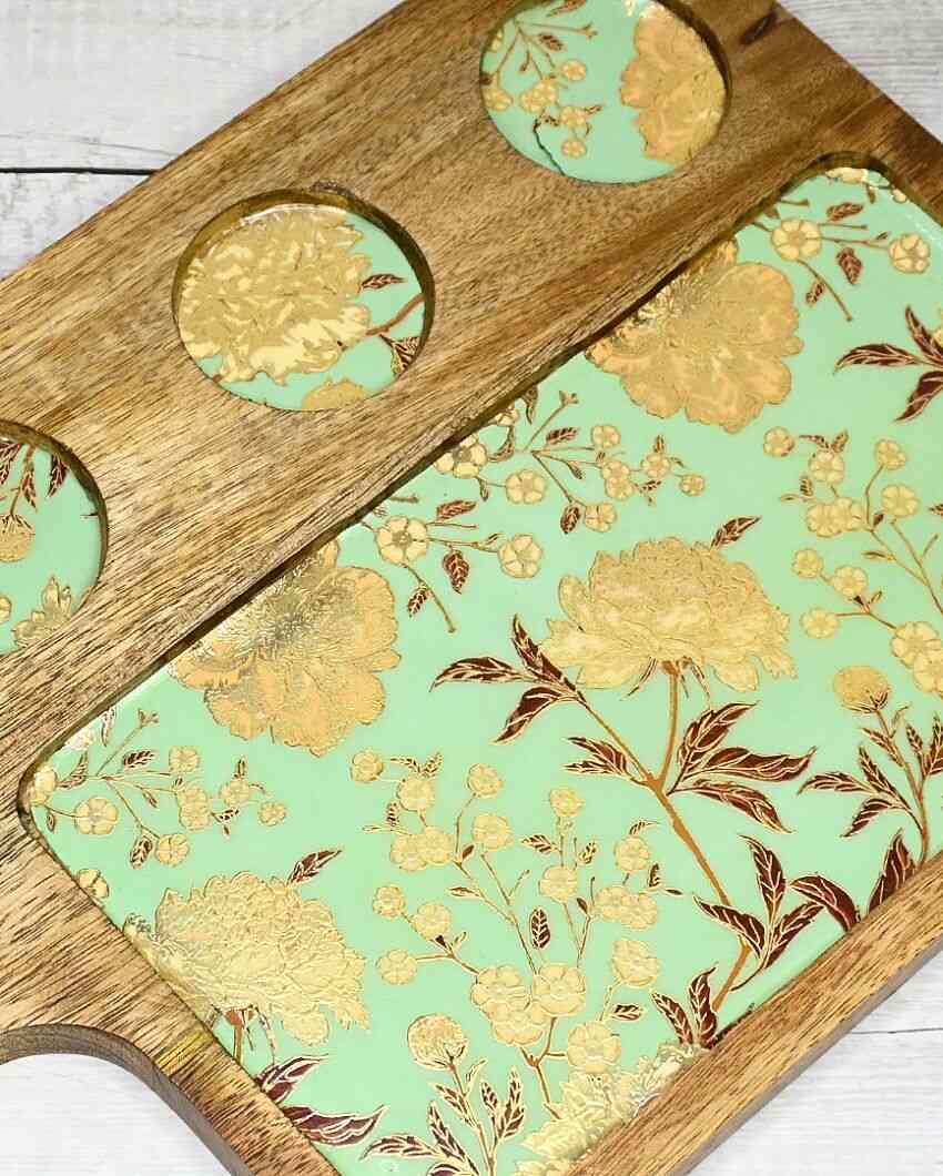 Green Floral Mango Wood Serving Platter | 9 x 15 inches