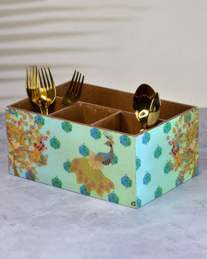 Peacock Theme Wooden Cutlery Holder | 6 x 4 x 2 inches