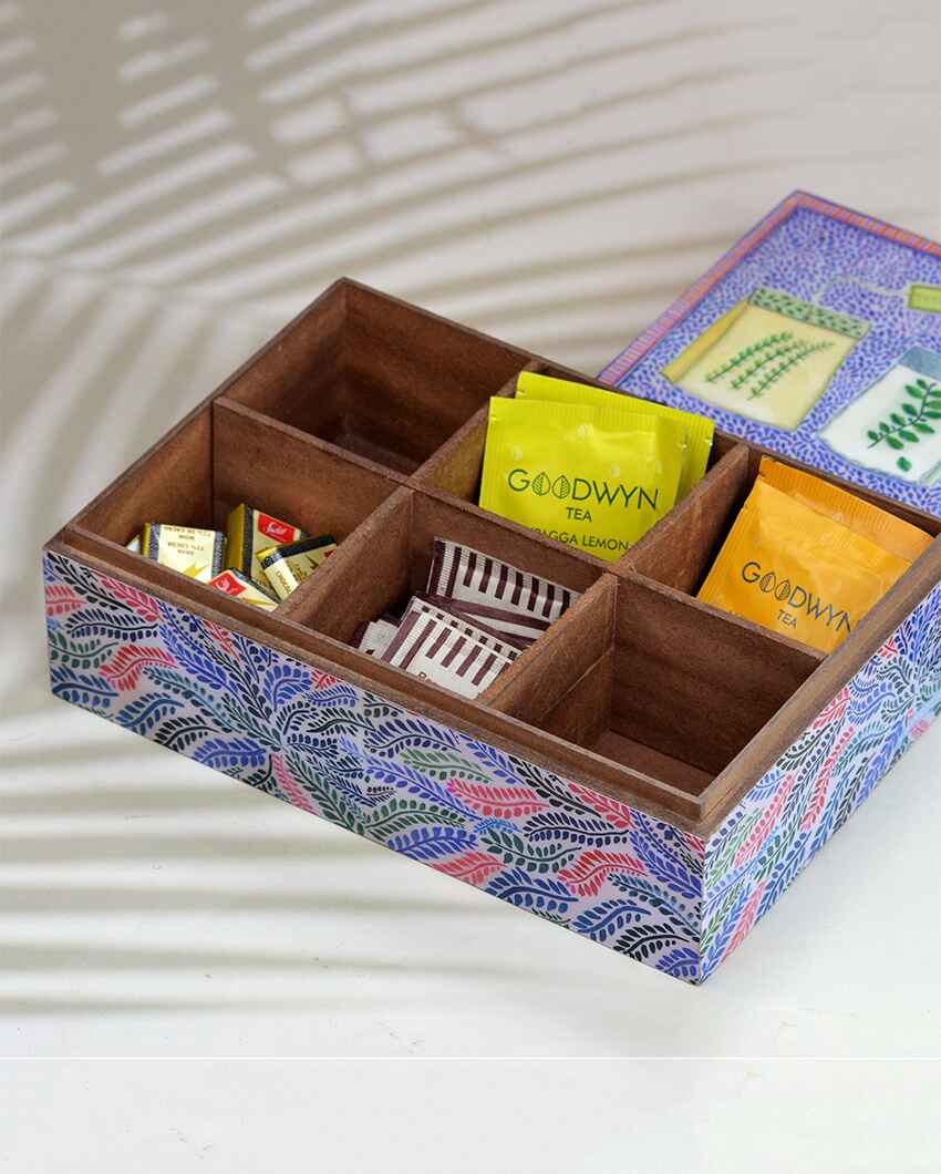 Purple Leaves Printed Handcrafted Wooden Organizer Box | 9 x 6 x 3 inches