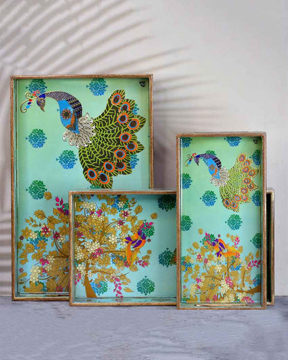 Peacock Theme Wooden Rectangular Trays | Set Of 3